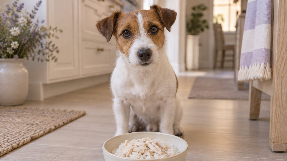 A Jack Russell terrier waits beside a ceramic bowl of plain white rice and shredded boiled chicken on a kitchen floor.