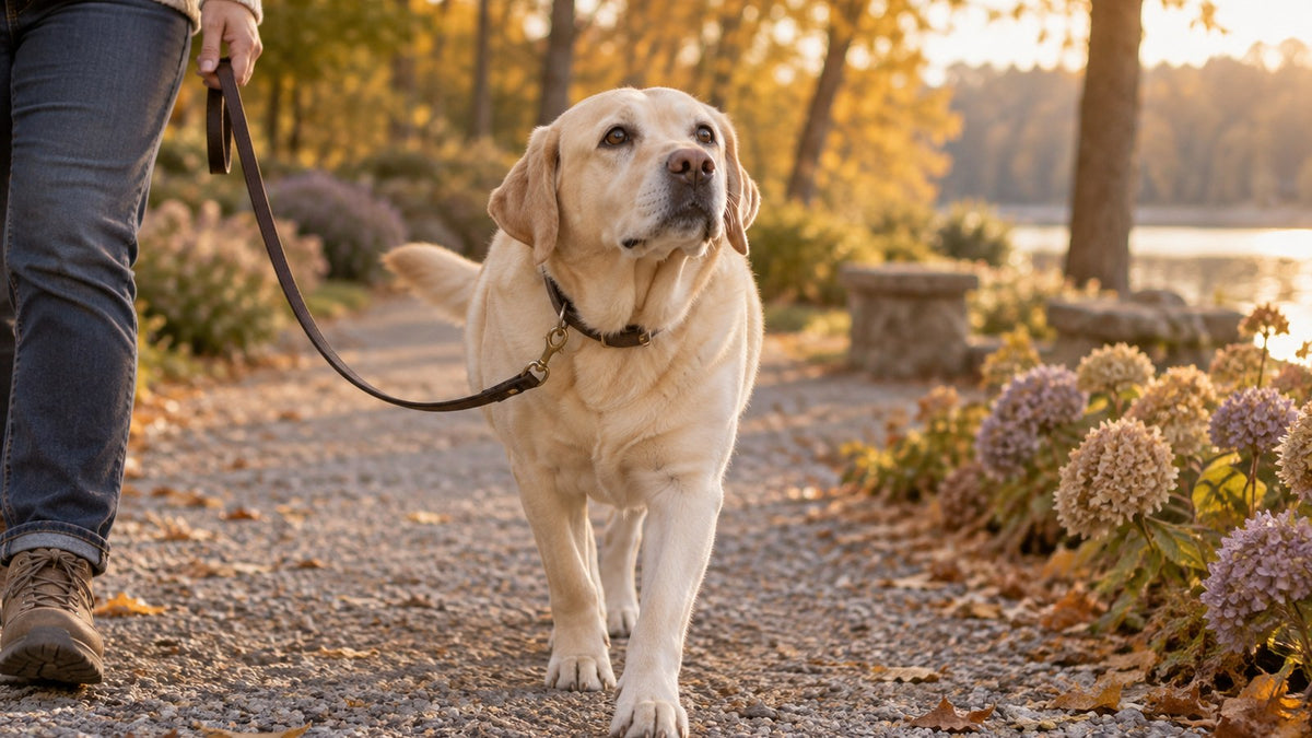 A yellow Labrador walks on a loose leash along a flat gravel park path in golden fall light, with its owner holding the leash.