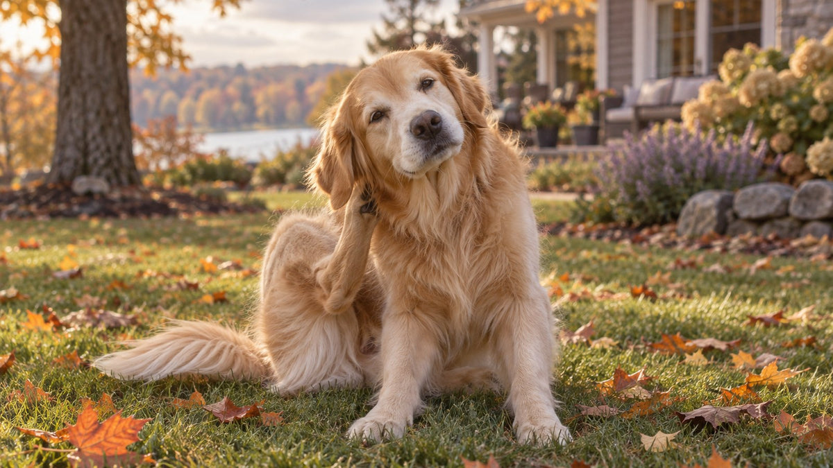 A golden retriever sits on a backyard lawn scattered with fallen orange leaves on a fall afternoon, scratching behind its ear with a hind paw.