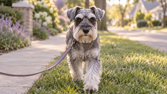 A miniature schnauzer walks on a loose leash along a grassy strip beside a quiet suburban sidewalk in soft morning light.