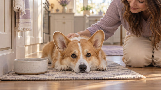 A Pembroke corgi rests on a kitchen rug beside a ceramic water bowl while its owner kneels next to it and strokes its head.