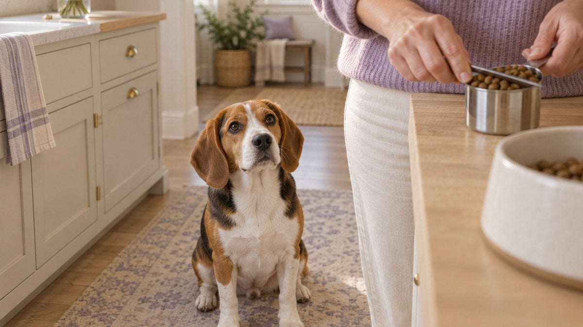 An owner levels dry kibble in a metal measuring cup at a light wood kitchen counter while a tricolor beagle sits on the floor and watches.