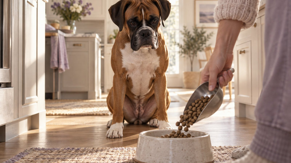 A boxer sits on a kitchen floor watching its owner pour dry kibble from a metal scoop into a ceramic bowl.