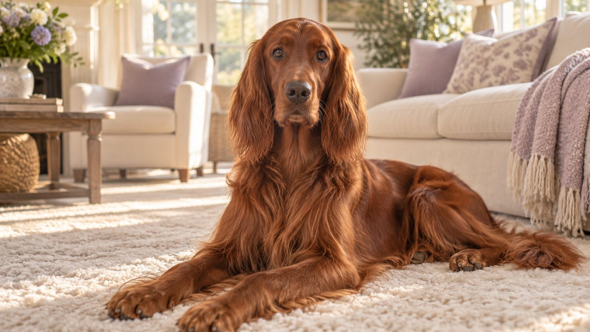 An Irish setter with a glossy red coat lies relaxed on a cream rug in a sunlit living room.