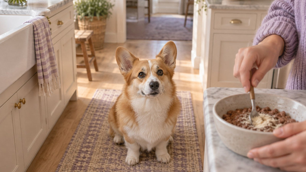 A Pembroke corgi waits on a kitchen floor runner while its owner stirs a little powder into a ceramic bowl on the counter.