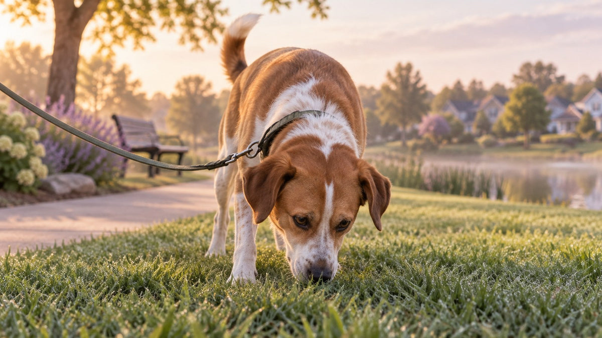 A brown and white mixed-breed dog on a leash sniffs the grass at the edge of a neighborhood park in early morning light.