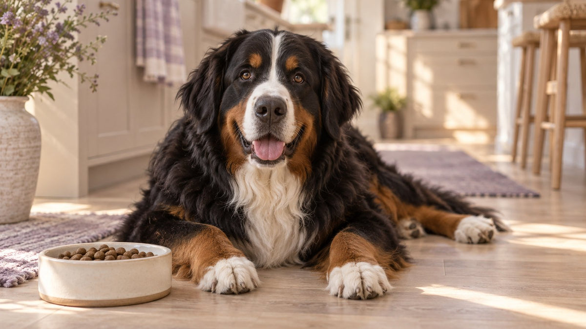 A Bernese mountain dog lies relaxed on a light wood kitchen floor beside a ceramic bowl of kibble in soft morning light.