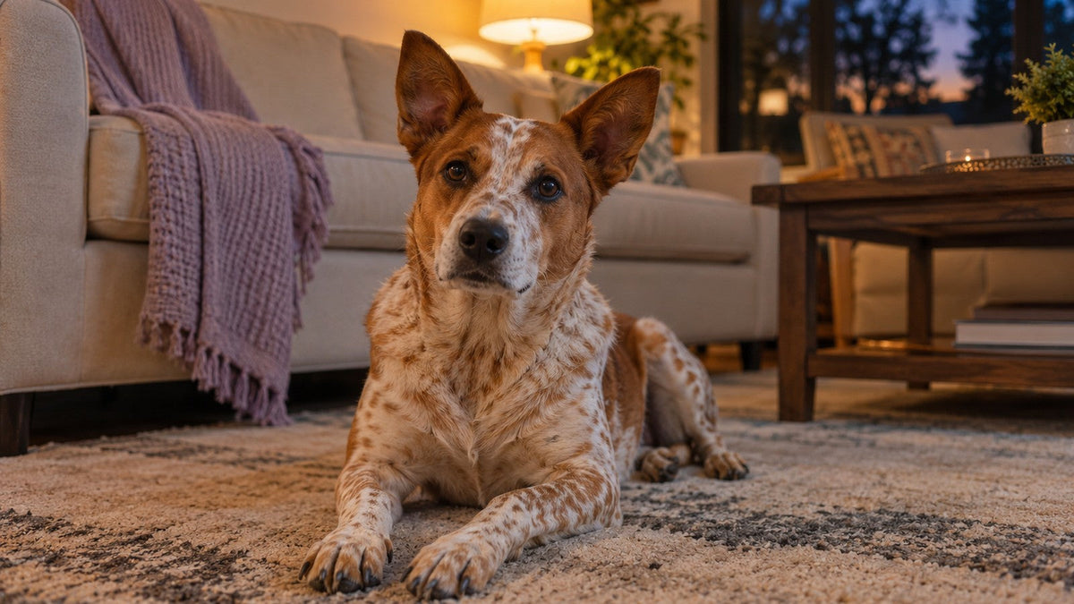 A spotted mixed-breed dog lies on a living room rug with ears up in warm evening lamp light.