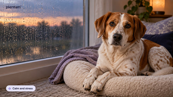 Spotted rust-and-white mixed-breed dog resting calmly on a cream dog bed by a rain-streaked window at dusk