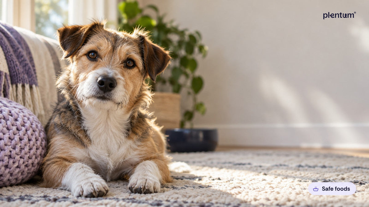 Mixed-breed terrier lying on a textured rug in sunlight, looking up beside a plain navy water bowl