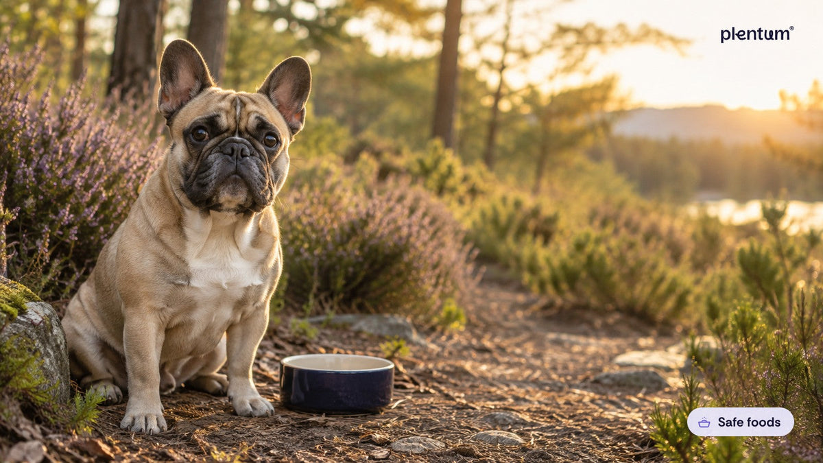 French bulldog sitting calmly on a woodland trail beside heather and an empty navy bowl at golden hour