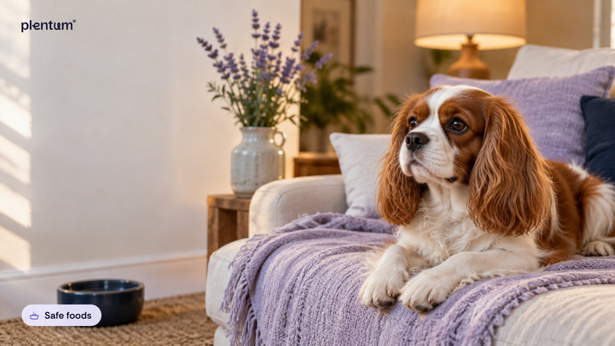 Cavalier King Charles spaniel lying on a lavender throw on a cream sofa beside a plain navy water bowl