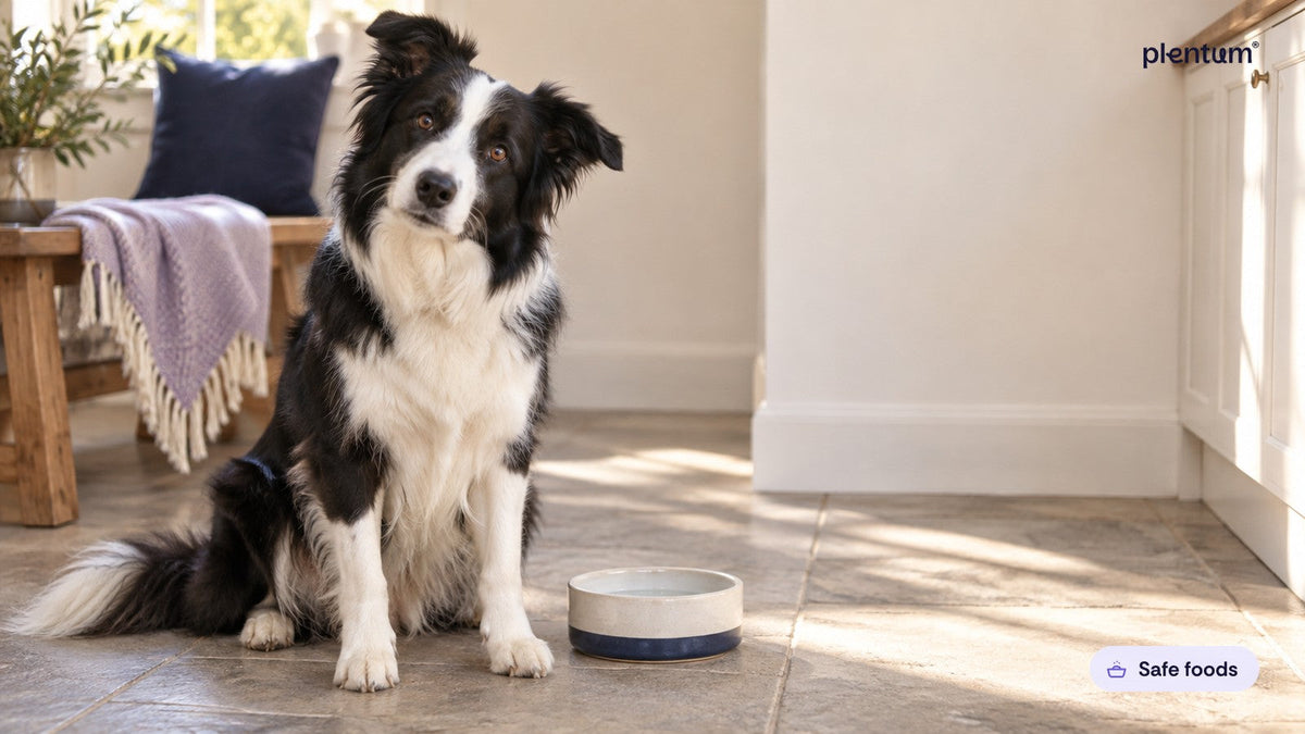 Border collie sitting with its head tilted beside a plain water bowl on a kitchen floor