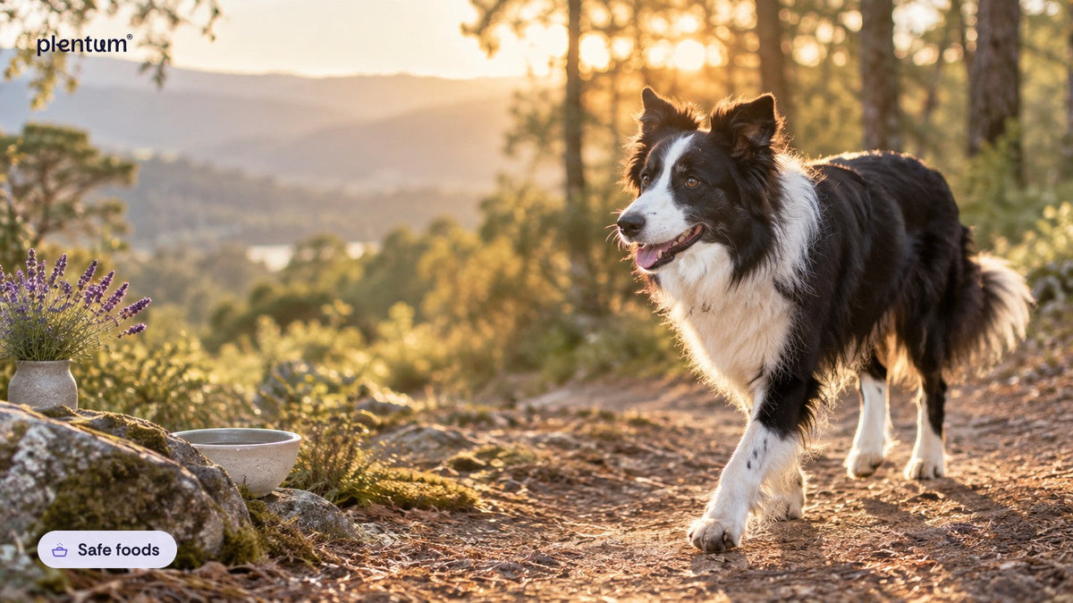 Border collie trotting along a woodland trail at golden hour beside a lavender pot and an empty bowl