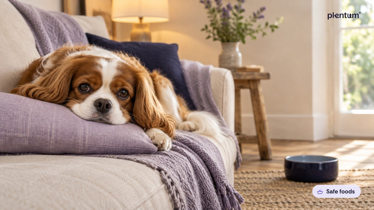Cavalier King Charles spaniel resting its chin on a lavender cushion on a cream sofa near a plain navy bowl