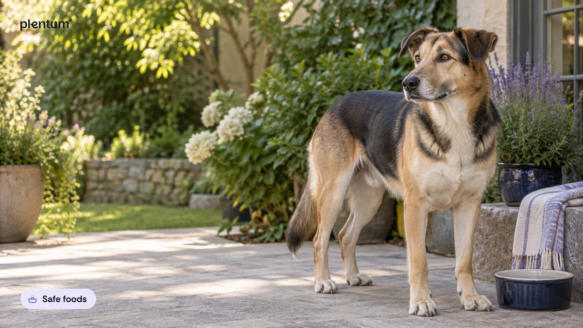 Mixed-breed shepherd standing on a sunny patio beside a navy water bowl, looking off to one side