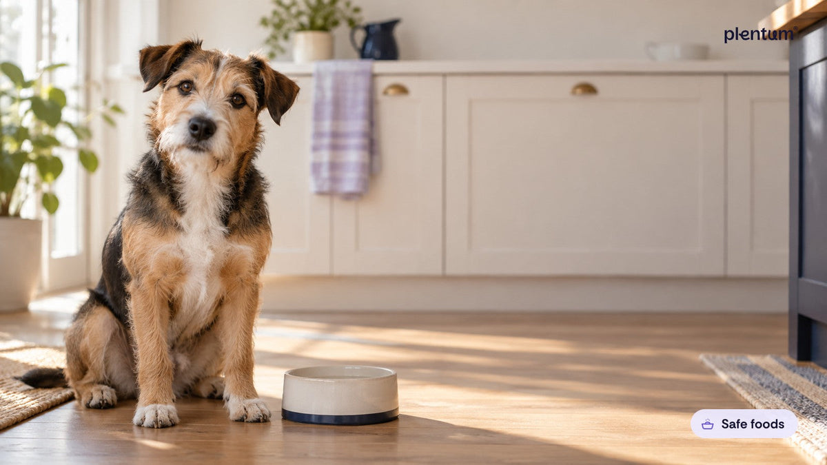 Terrier sitting attentively on a sunlit kitchen floor beside an empty water bowl
