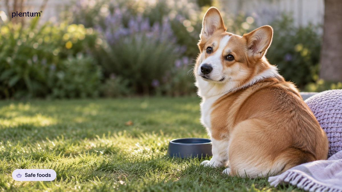 Pembroke corgi sitting on a sunlit garden lawn beside a plain blue water bowl, looking back over its shoulder