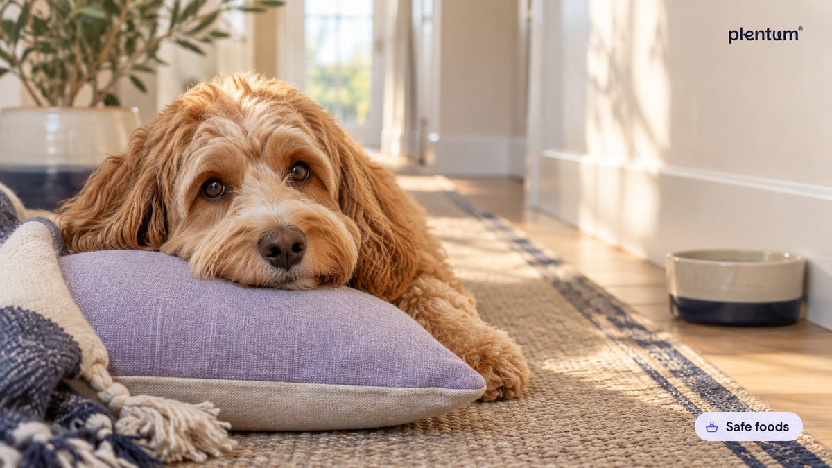 Cockapoo resting its chin on a lavender cushion in a sunlit hallway beside a plain water bowl