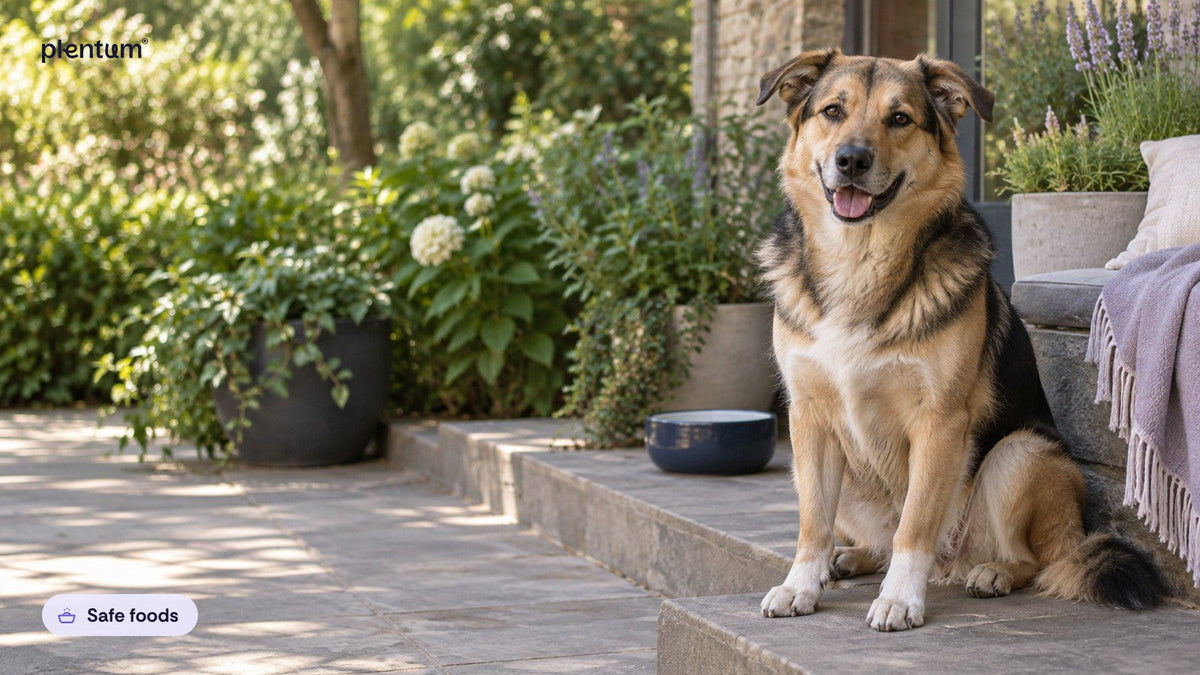 Mixed-breed shepherd sitting calmly on a shaded patio step beside an empty blue water bowl