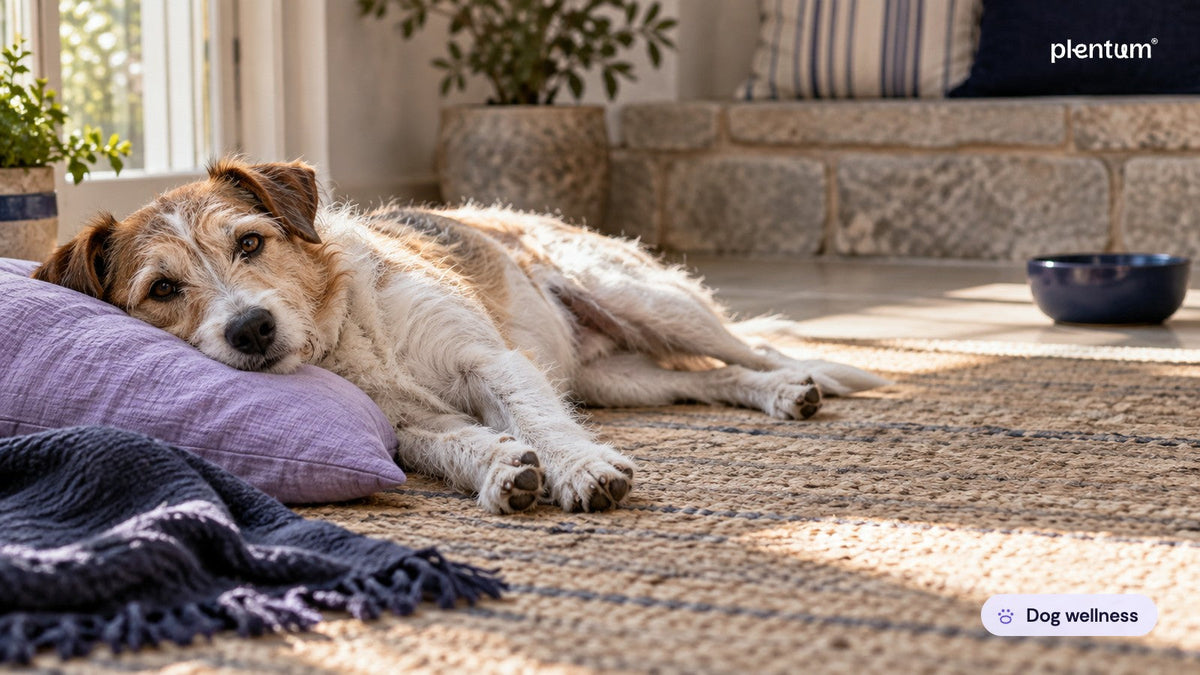 Mixed-breed terrier lying on a lavender cushion on a sunlit rug, chin resting, looking calmly ahead