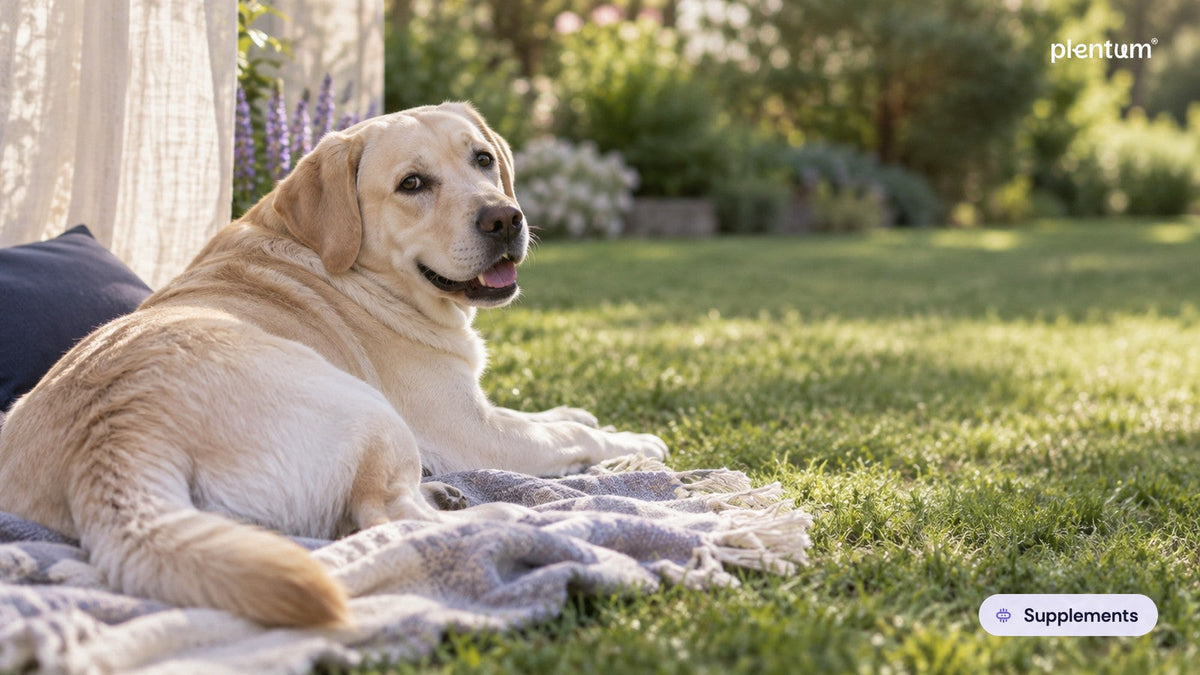 Labrador retriever resting on a blanket on a sunlit garden lawn, face turned back toward the camera