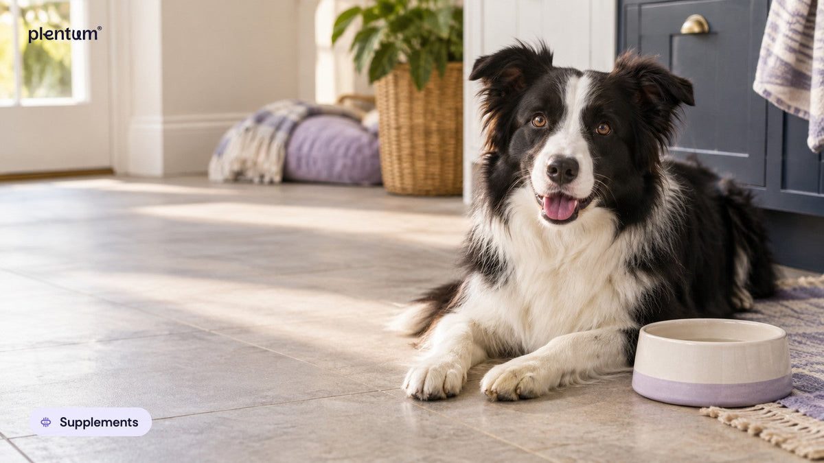 Border collie lying calmly on a kitchen floor beside a plain empty ceramic water bowl in morning light