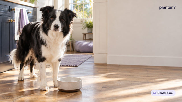 Border collie with a black-and-white coat standing beside a plain water bowl on a sunlit kitchen floor