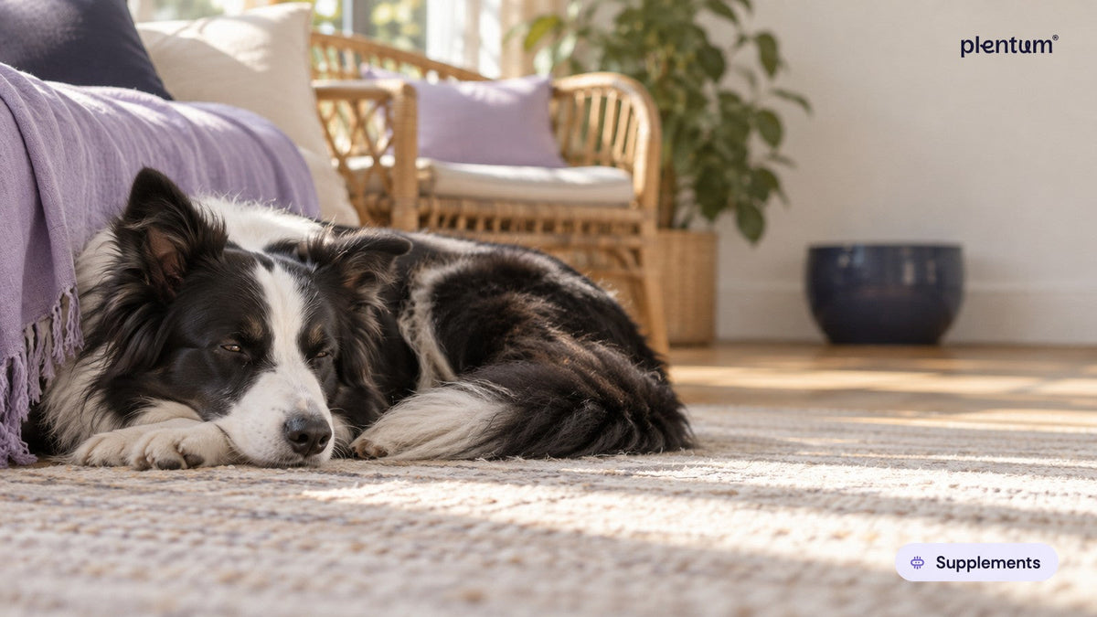 Border collie resting on a sunlit living-room rug with eyes half closed, beside a rattan chair and a plant