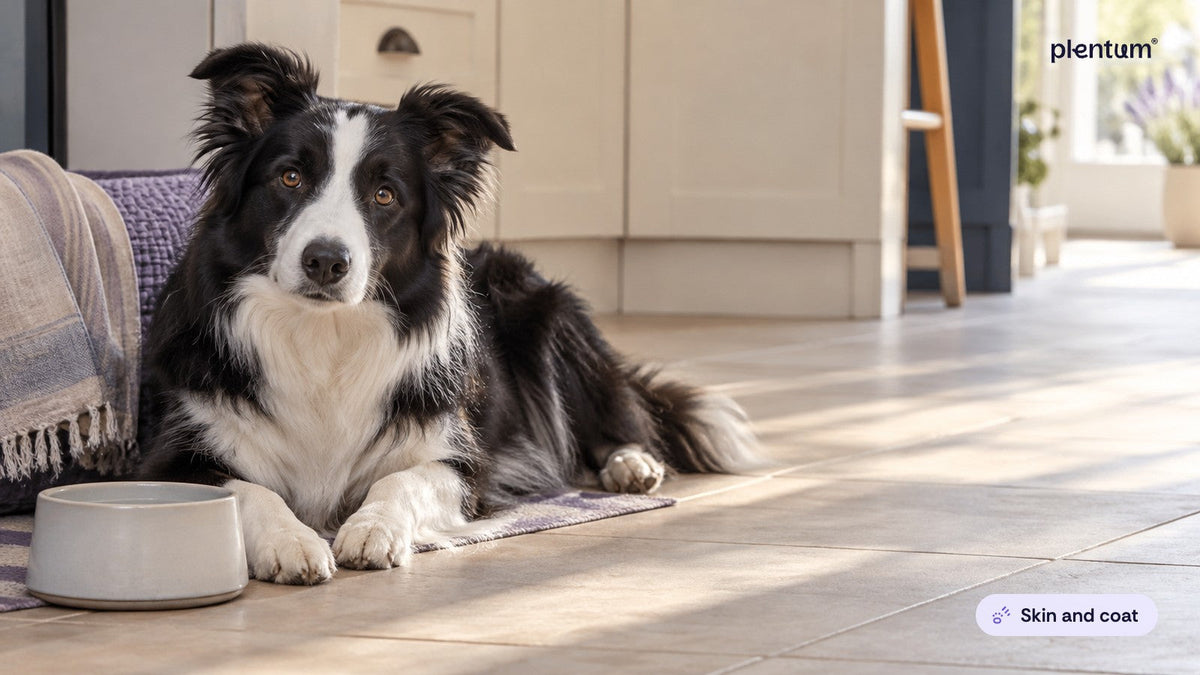 Border collie lying on a kitchen floor in morning light beside an empty ceramic water bowl
