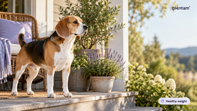Beagle standing alert in profile on a sunny porch step beside potted lavender and herbs