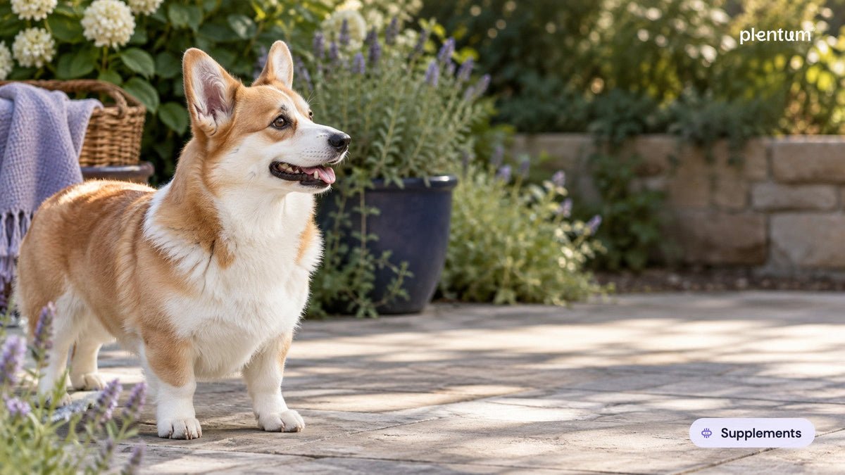 Pembroke corgi standing in profile on a sunny garden patio beside lavender and a woven basket