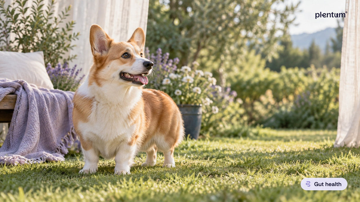 Pembroke corgi standing on a sunlit garden lawn beside lavender and a linen-draped bench