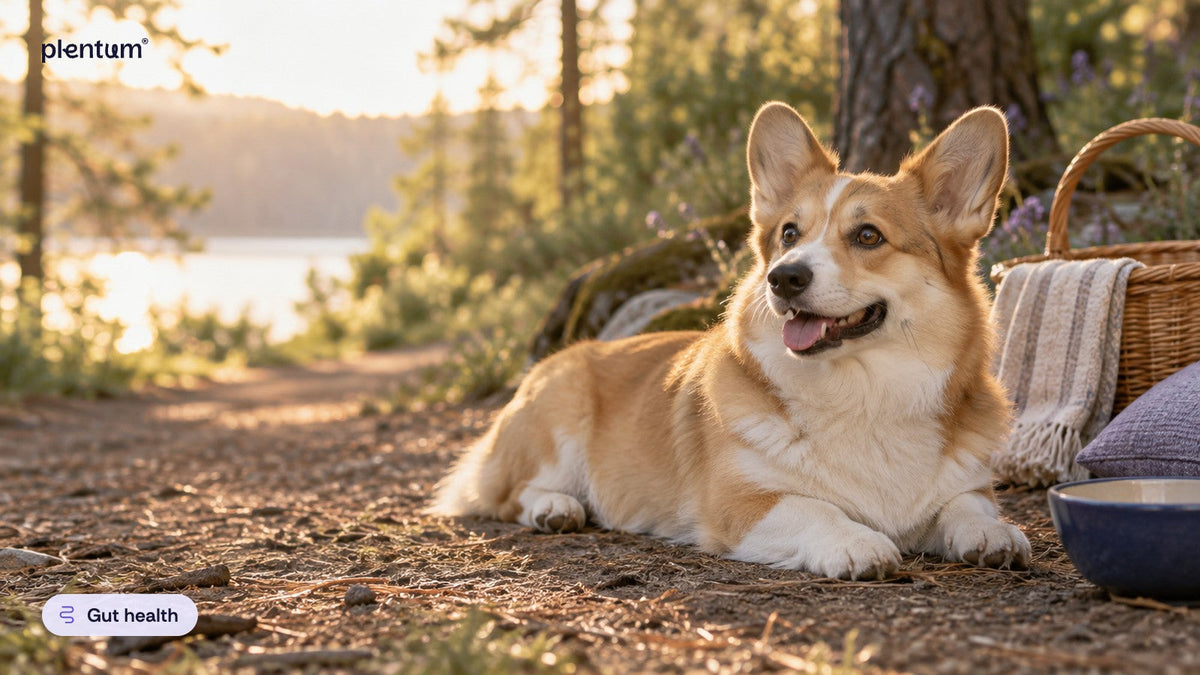 Pembroke corgi lying on a woodland trail at golden hour, alert, with a lake and a basket behind
