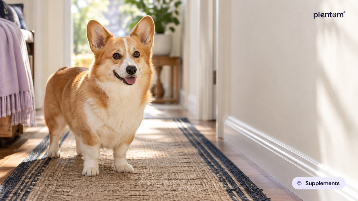 Pembroke corgi standing calmly on a jute hallway runner beside a plain cream wall in morning light