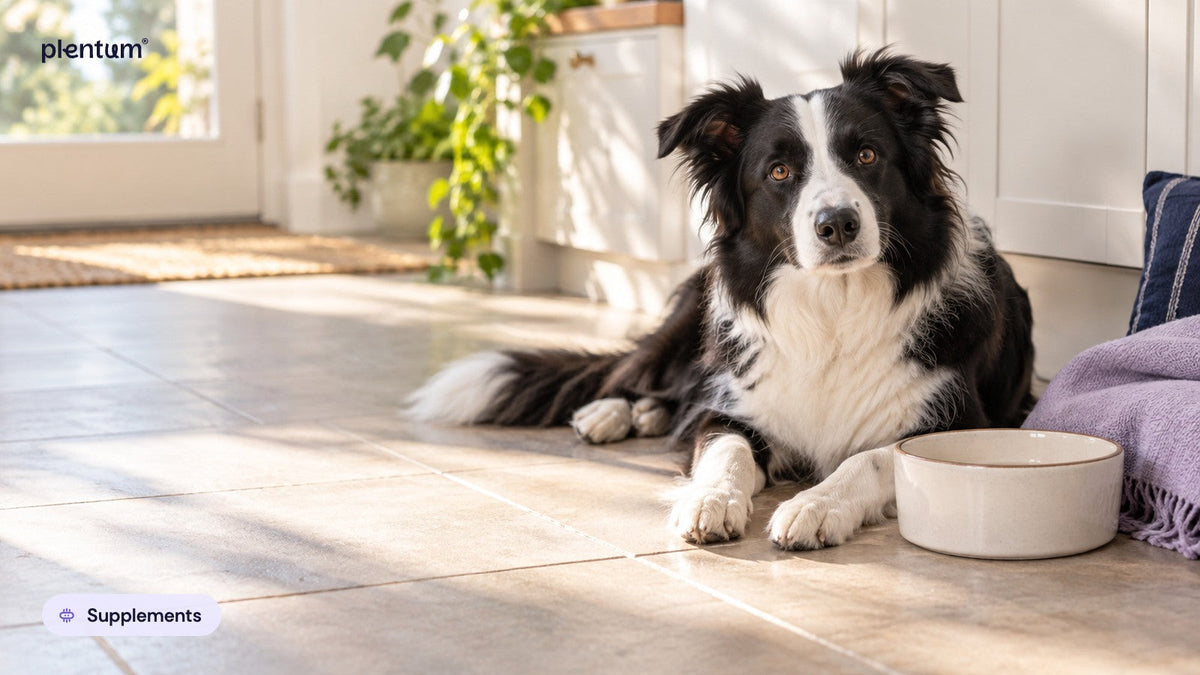 Border collie resting on a sunlit kitchen floor beside an empty ceramic water bowl, calm and alert
