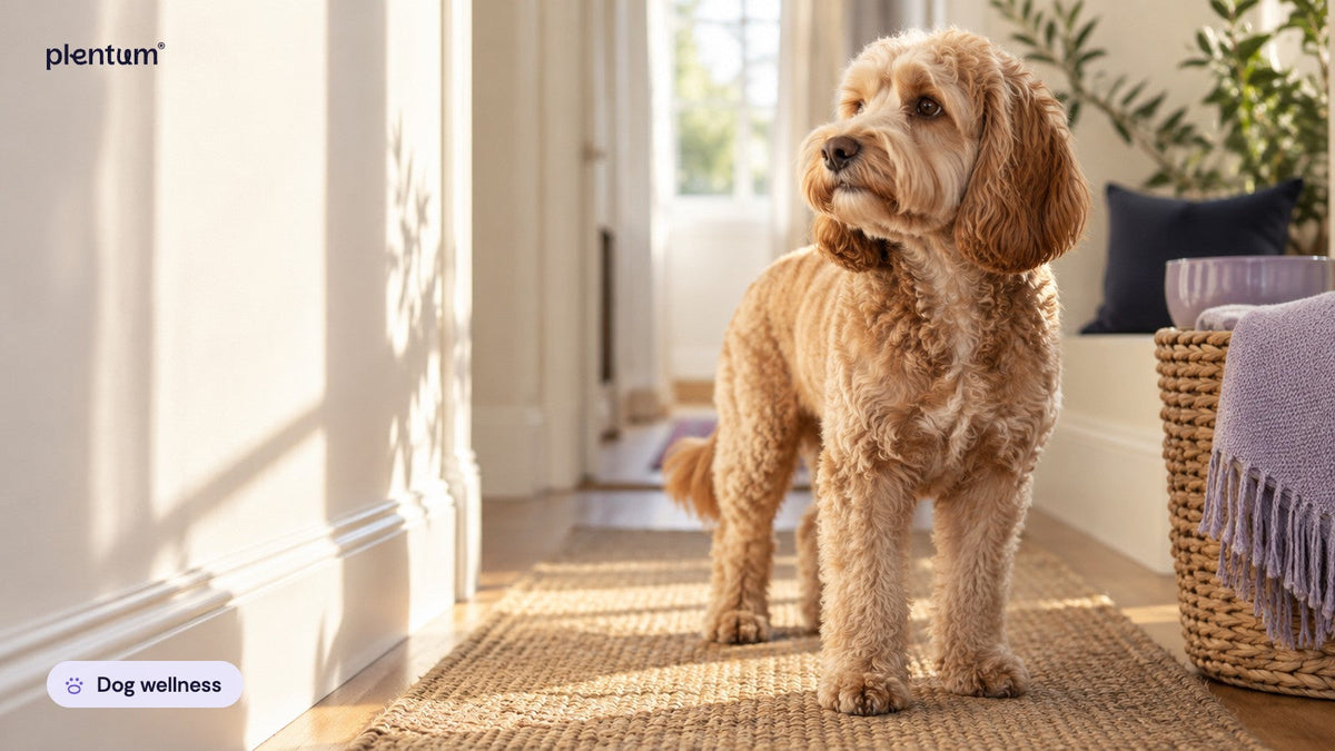 Cockapoo standing in profile on a woven runner in a sunlit hallway, looking toward the window, calm and relaxed