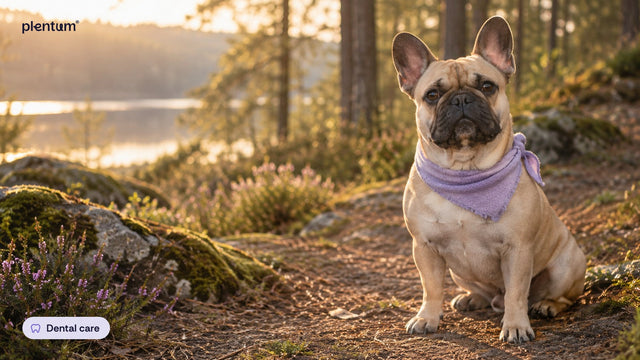 French bulldog sitting on a woodland trail at golden hour beside a lake and purple heather
