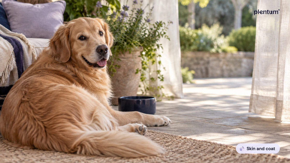 Golden retriever lying on a stone patio in the shade, looking back over its shoulder beside a navy bowl