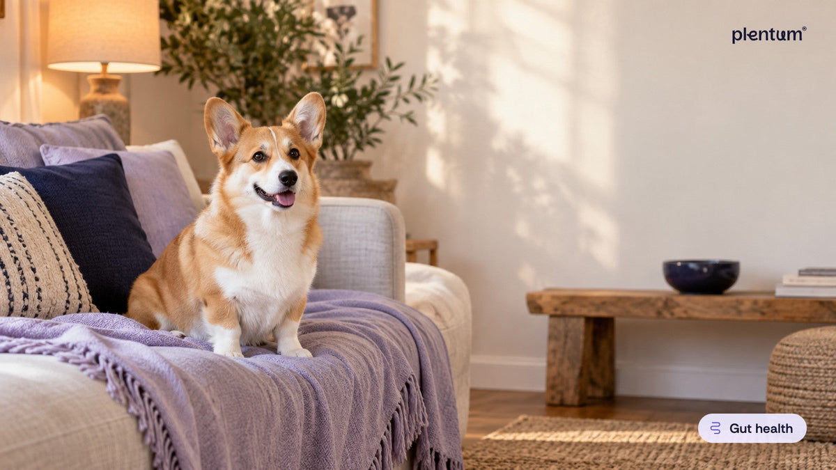 Pembroke corgi sitting on a lavender throw in a cosy living room by a warm lamp, calm and happy