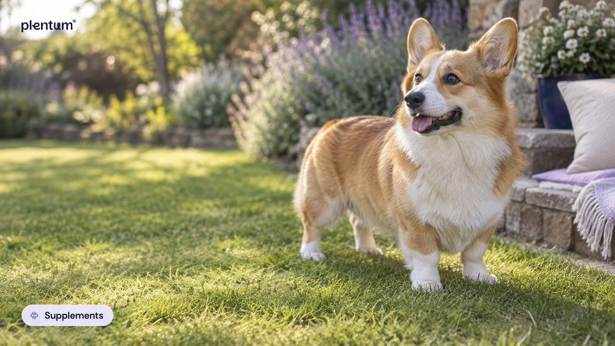 Pembroke corgi standing on a sunny lawn beside a lavender border and a garden stone step