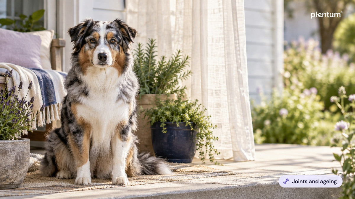 Australian shepherd sitting upright on a sunny porch beside potted herbs and sheer linen curtains