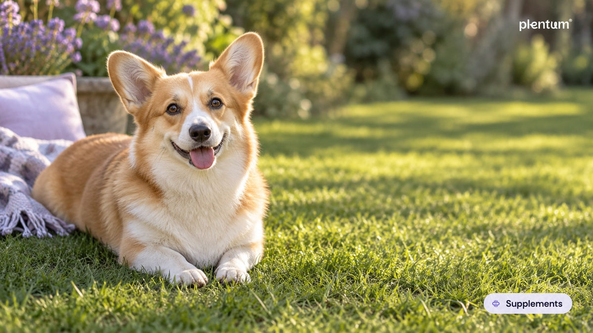 Pembroke corgi lying on a sunlit garden lawn beside a lavender cushion and flowering plants