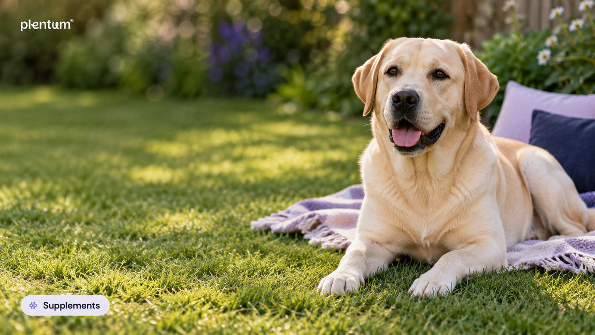 Yellow Labrador retriever resting on a lavender throw on a sunlit lawn beside a navy cushion