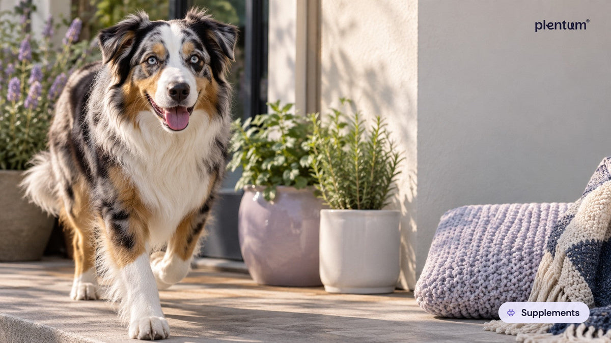 Australian shepherd trotting along a sunny porch step past potted herbs, mouth open in a happy pant