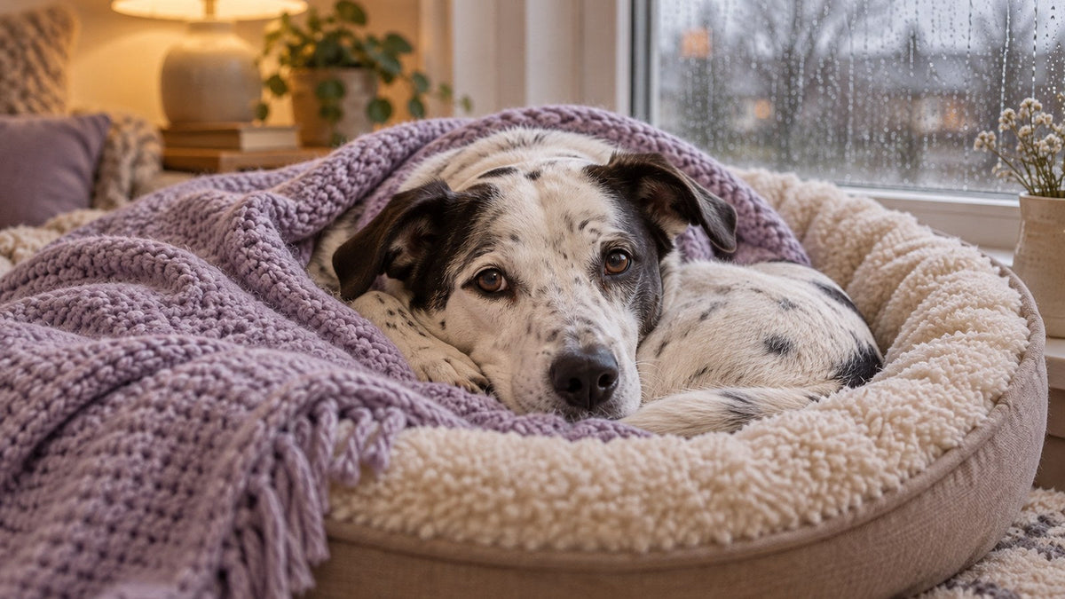 A white dog with black spots rests curled in a dog bed under a lavender blanket beside a rain-streaked window.
