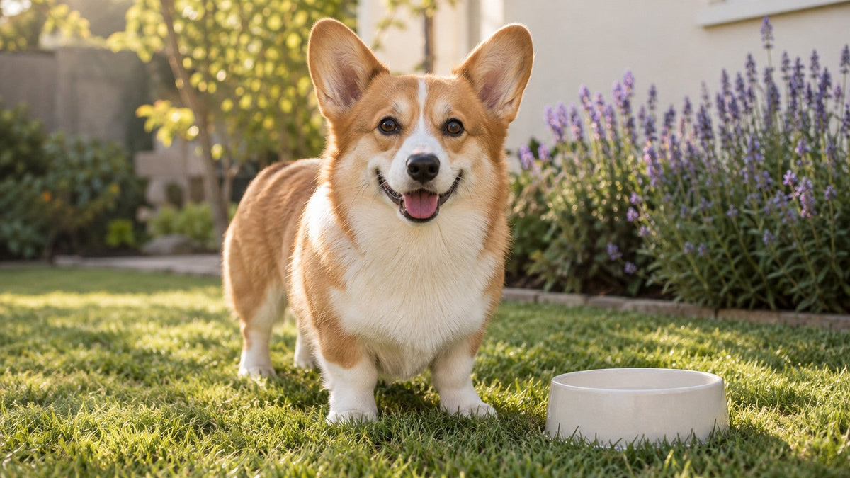 A Pembroke corgi stands on a backyard lawn beside an empty ceramic bowl in morning sunlight.