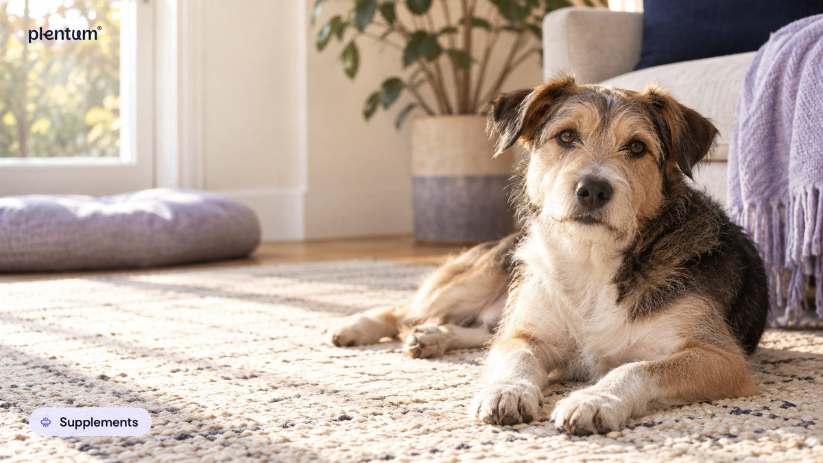 Scruffy terrier mix resting on a textured rug in a bright living room beside a plant and cushion