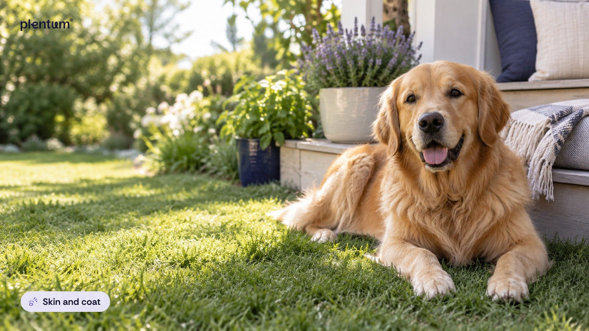 Smiling golden retriever resting on a sunny lawn beside lavender pots and a garden porch
