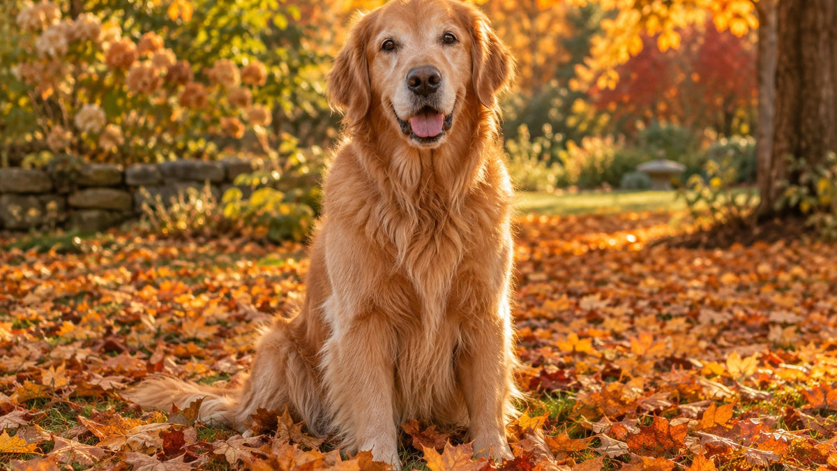 A golden retriever sits among orange fall leaves in a sunny backyard.